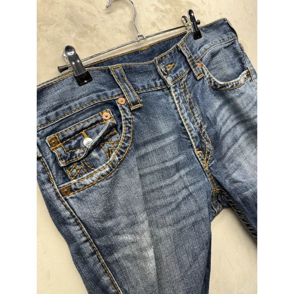 True Religion Ricky Jeans Men's 33 Blue Distressed Straight Flap Big T MJA859M6